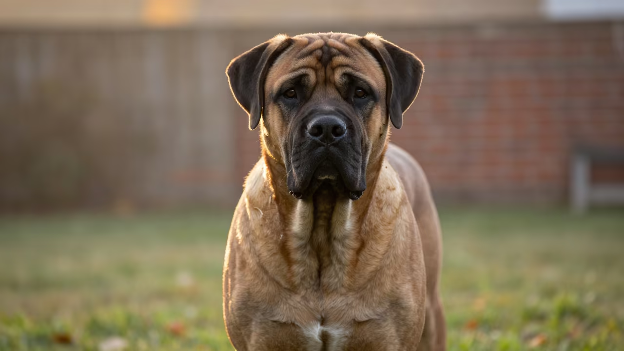 Bullmastiff Portrait in Alexandria Autumn Light in in a small yard with clipped grass, calm light, and the animal centered in frame in Alexandria