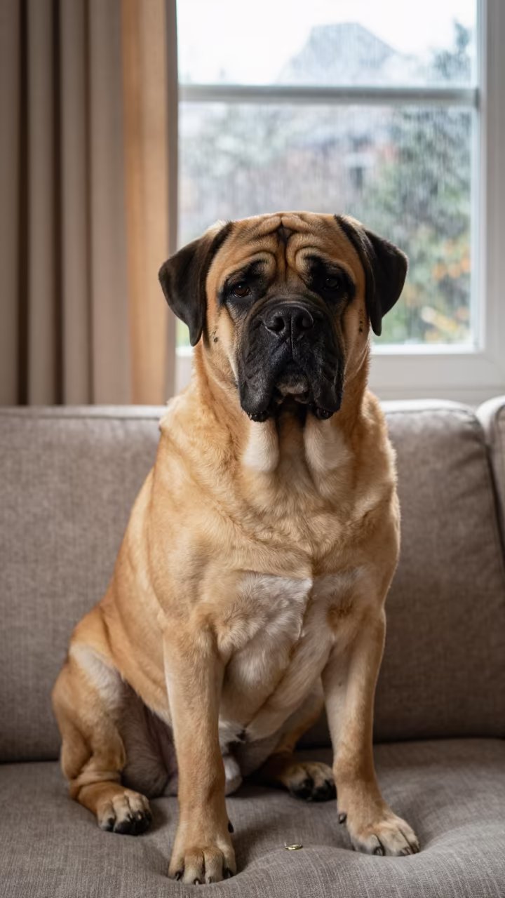 Bullmastiff Portrait in Golden Light in on a sofa near a curtained window with calm indoor light near Yamoussoukro