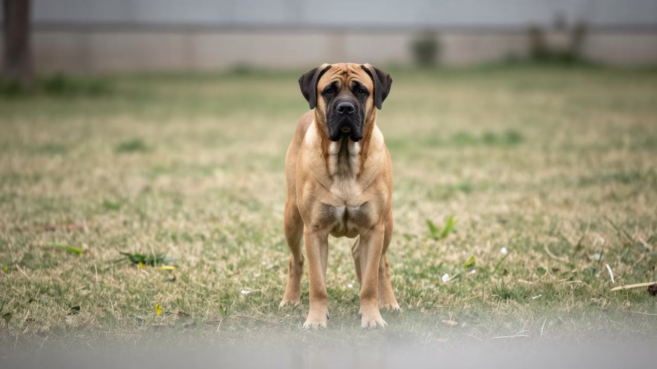 Bullmastiff Portrait in Suzhou Yard in in a small yard with clipped grass, calm light, and the animal centered in frame in Suzhou