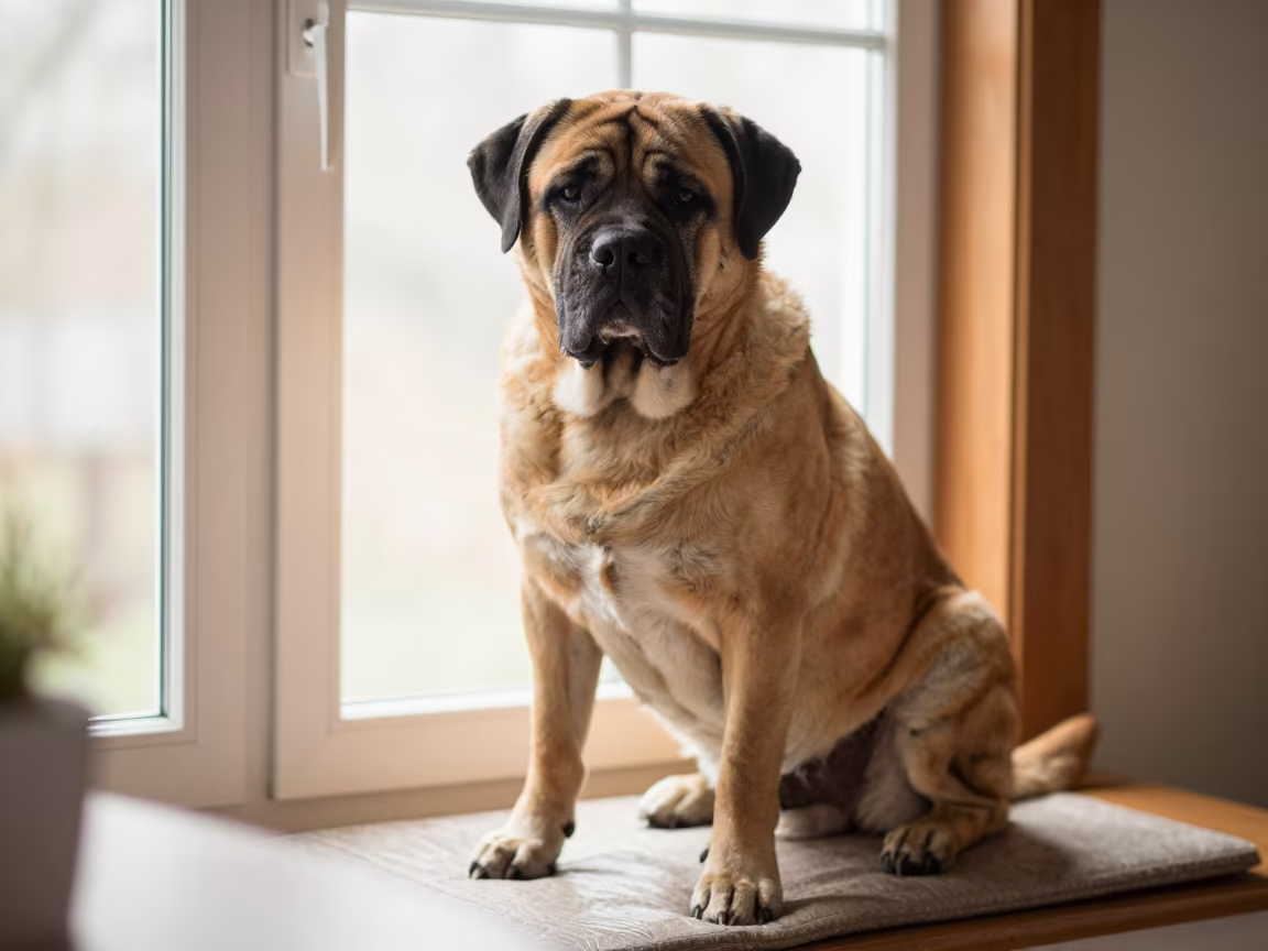 Bullmastiff Portrait on Window Seat in on a cushioned window seat with soft side light and an uncluttered background in Belas