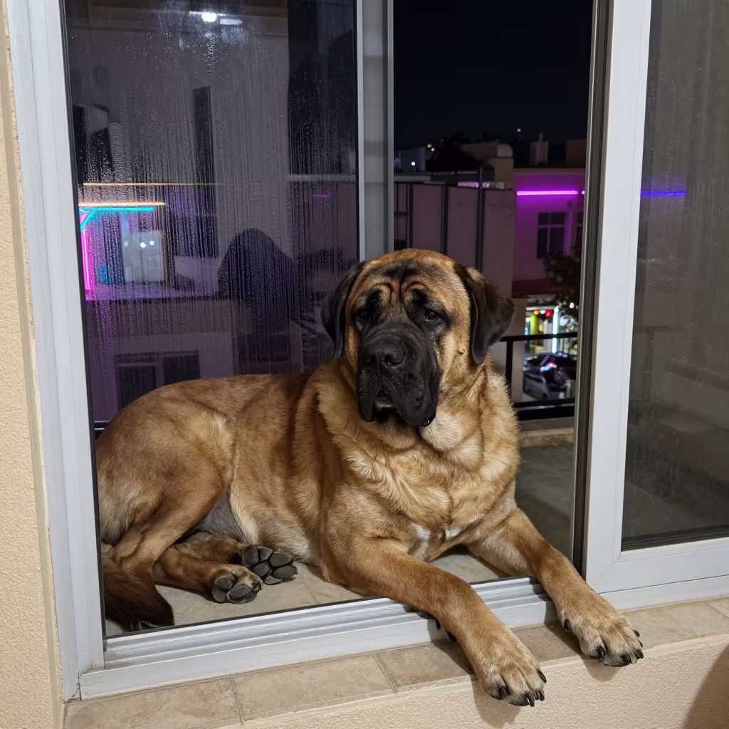 Bullmastiff Resting on Apartment Window Seat in on a window seat in a quiet apartment with soft side light in Asyut