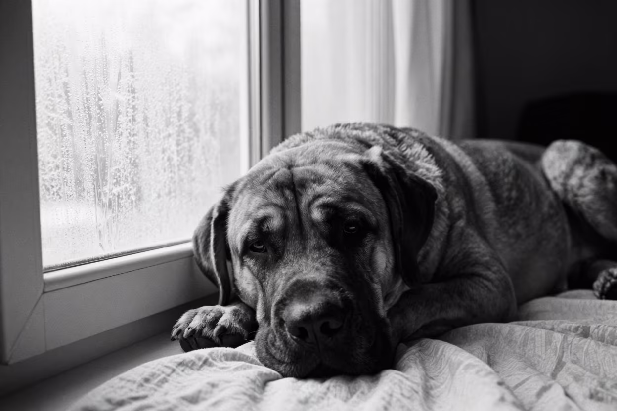 Bullmastiff Resting on Bedspread Near Window in on a bedspread near a bright window with calm indoor light near Malmo