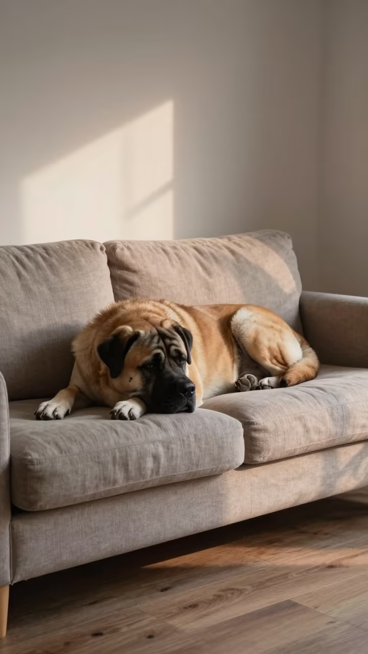 Bullmastiff Resting on Linen Sofa in Dawn Light in on a linen sofa with daylight from a nearby window in Sheikhupura