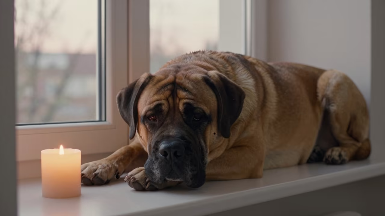 Bullmastiff Resting on Window Seat in Cologne Apartment in on a window seat in a quiet apartment with soft side light in Cologne