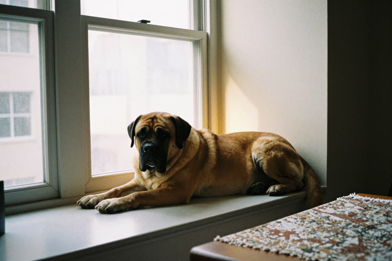 Bullmastiff Resting on Window Seat in Houston Home in on a window seat in a quiet apartment with soft side light in Houston