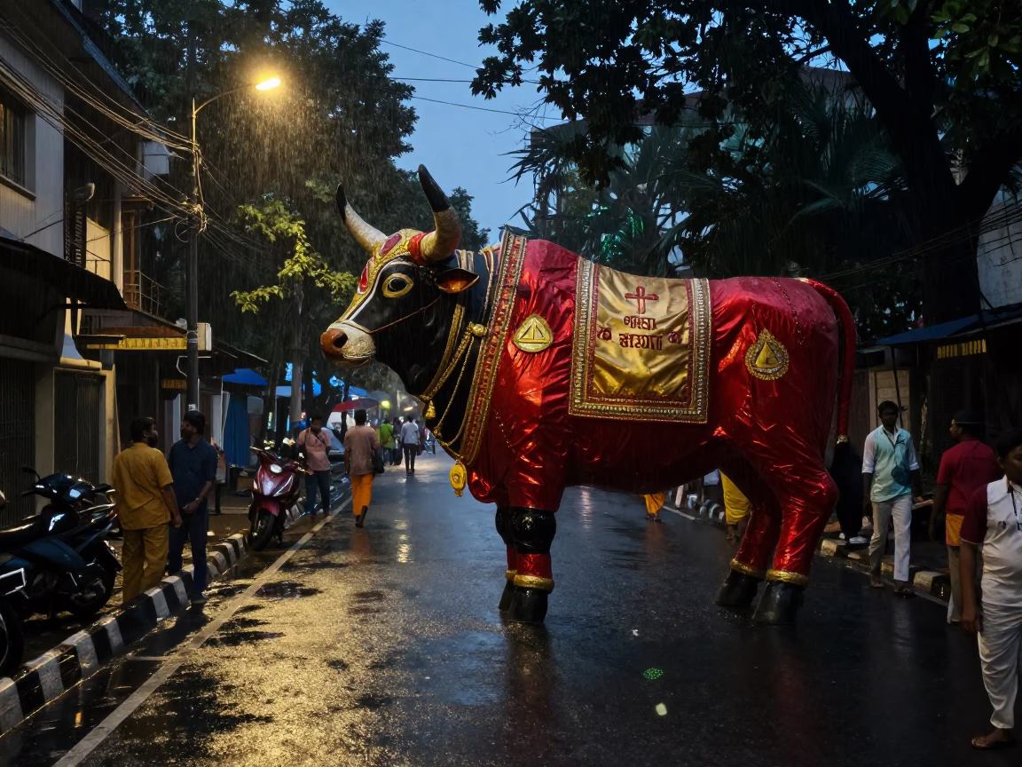 Bumba Meu Boi Bull in Kolkata Predawn Rain in at a festival street procession near College Street, Kolkata