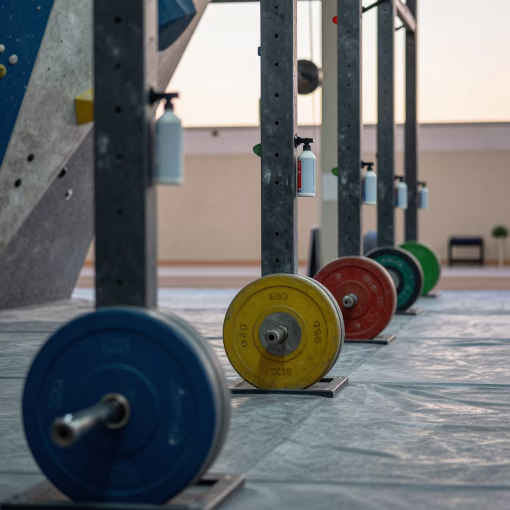 Bumper Plates Racked by Color in Khartoum Gym in inside a climbing gym warmup zone in Khartoum
