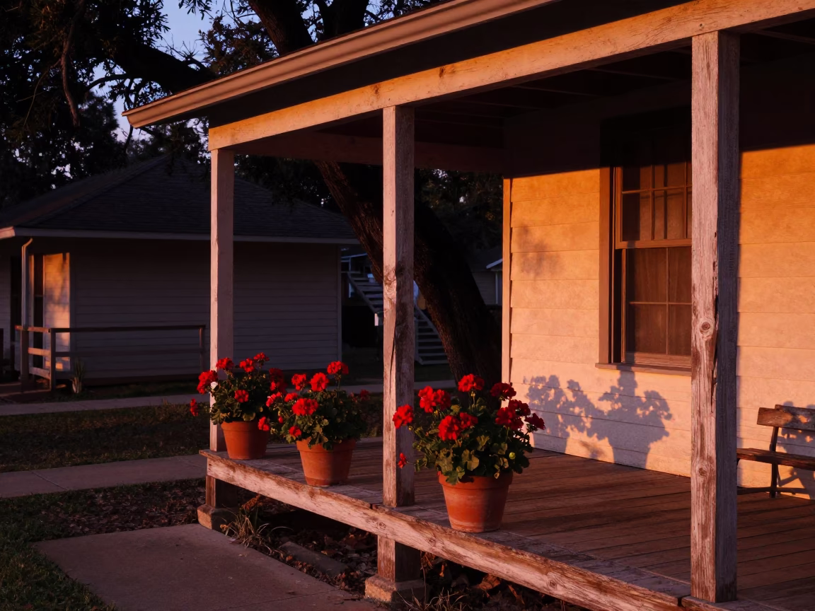 Bungalow Porch at Copper-toned Light Before Dusk in Austin in in Austin, Texas, United States