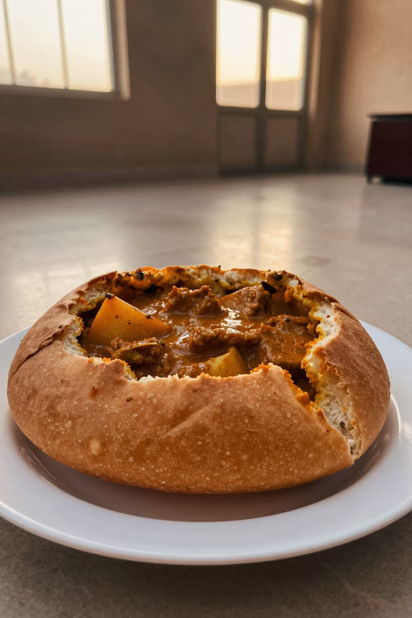 Bunny Chow Curry on Ceramic Plate by Window in on a ceramic plate by a window in Wadi Al-Seer