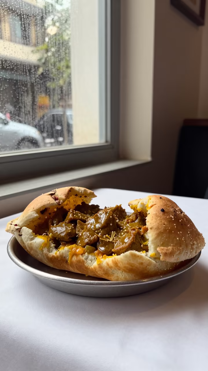 Bunny Chow Curry on Linen Table Delhi in on a linen-covered restaurant table in Delhi