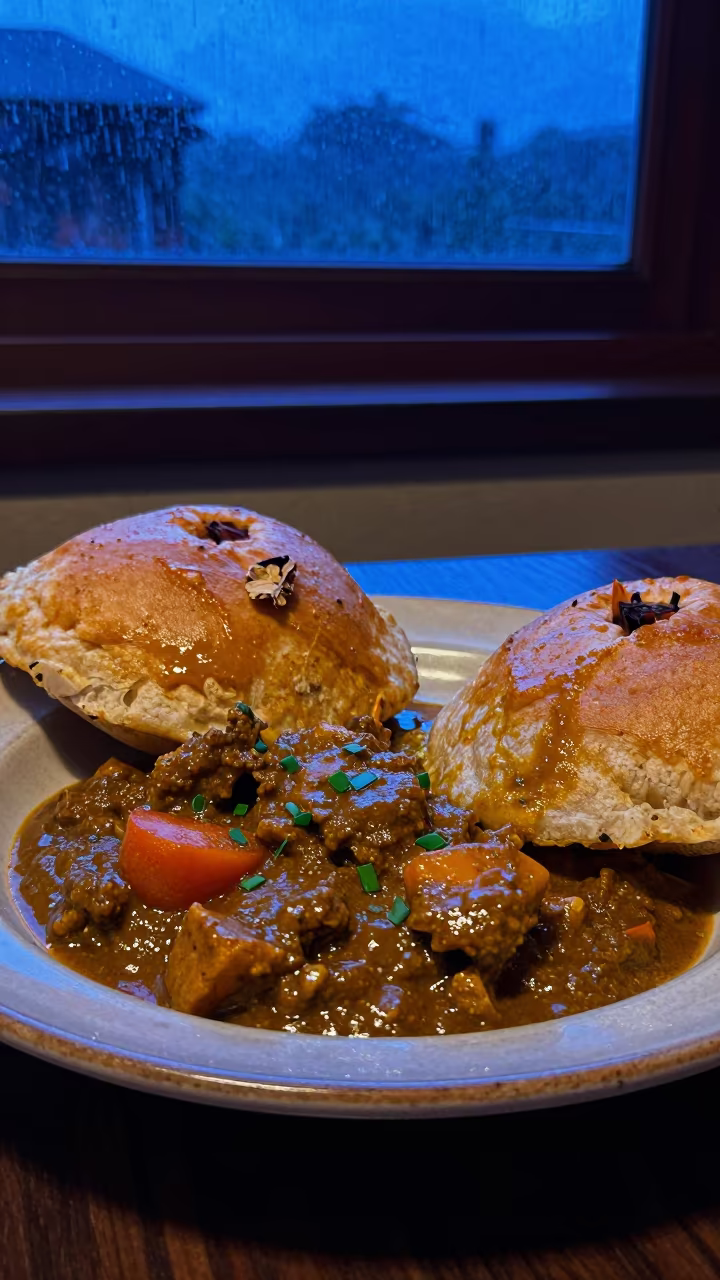 Bunny Chow Curry Plate in Catia La Mar Twilight in on a ceramic plate by a window in Catia La Mar