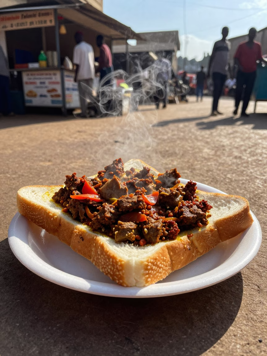 Bunny Chow Curry Plate in Nairobi Street Food Stall Late Afternoon in in Nairobi, Kenya