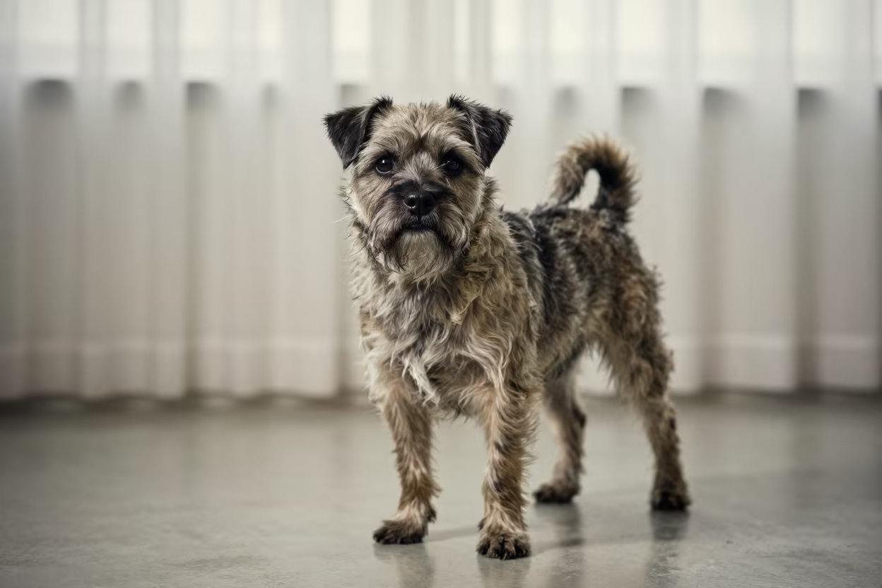 Burao Border Terrier Portrait with Soft Curtain Light in in a quiet portrait studio with a plain backdrop and eye-level framing in Burao
