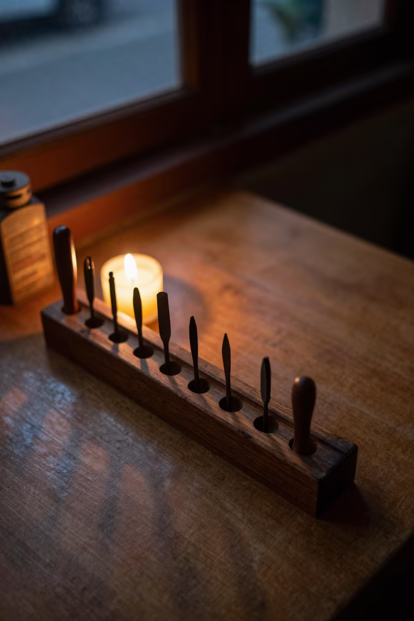 Burins in Wooden Rack on Cafe Table in on a cafe table by a window in Yangon