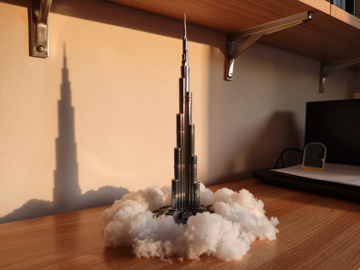 Burj Khalifa Tower Vanishing Into Clouds in on a writing desk near Downtown, Dubai