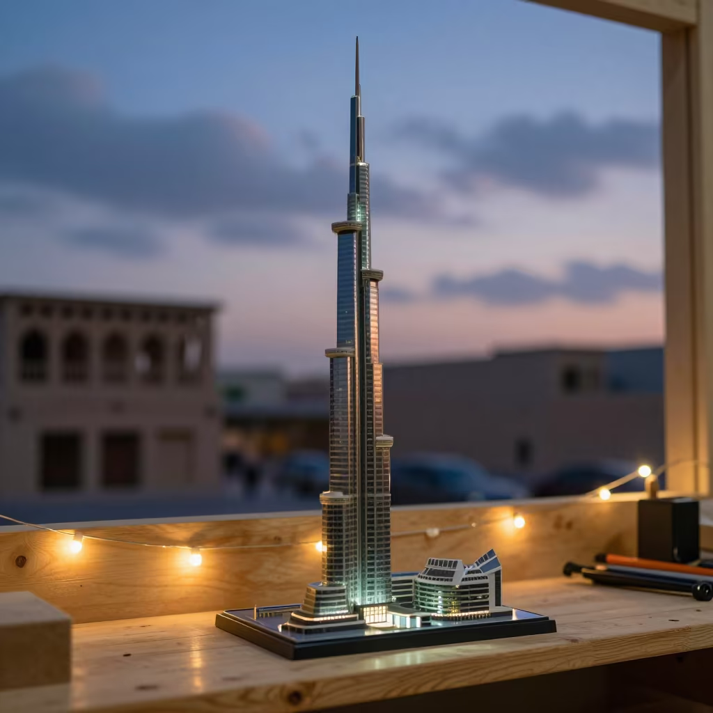 Burj Khalifa Model in Al Fahidi Workshop in on a workshop shelf in Al Fahidi, Dubai