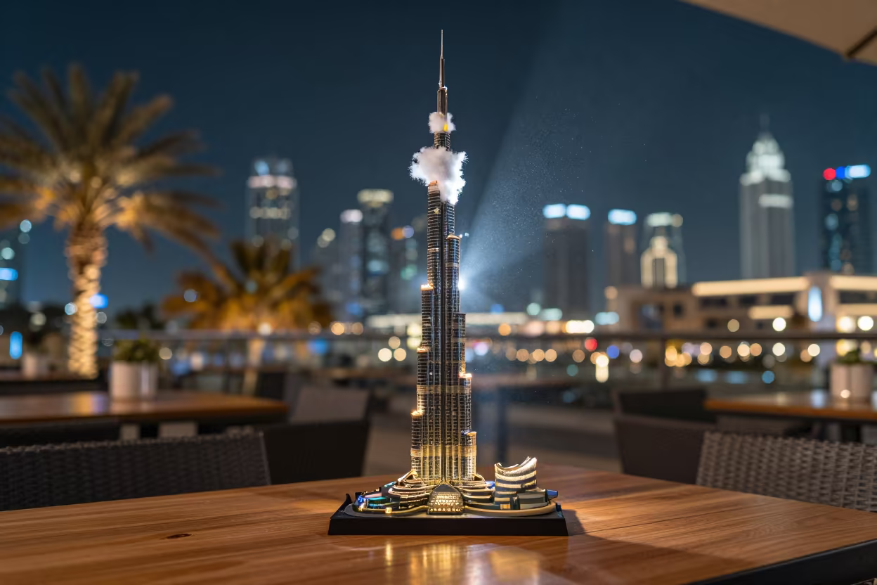 Burj Khalifa Tower Vanishing Into Clouds in on a cafe table by a window in Downtown, Dubai