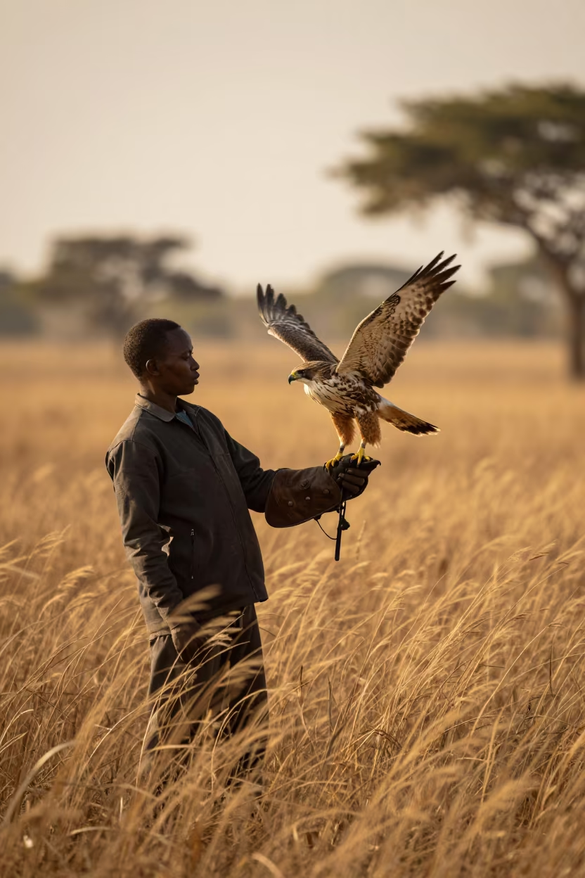 Burkina Faso Falconer Releasing Hawk Morning in in Burkina Faso