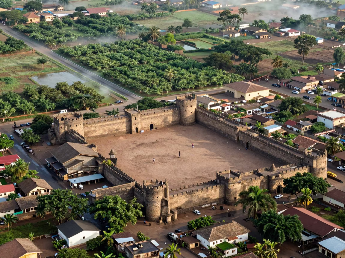 Burkina Faso Medieval Town Aerial Wet Season in far above orchard blocks and irrigation lines in Burkina Faso