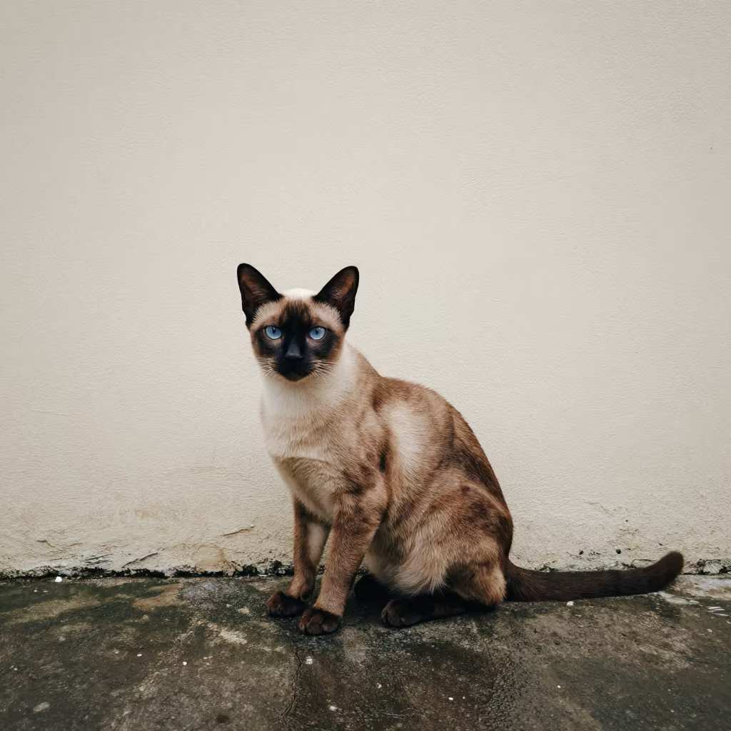 Burmese Cat in Palembang Courtyard Shadow in beside a plain courtyard wall in clear daylight with the animal at eye level near Palembang