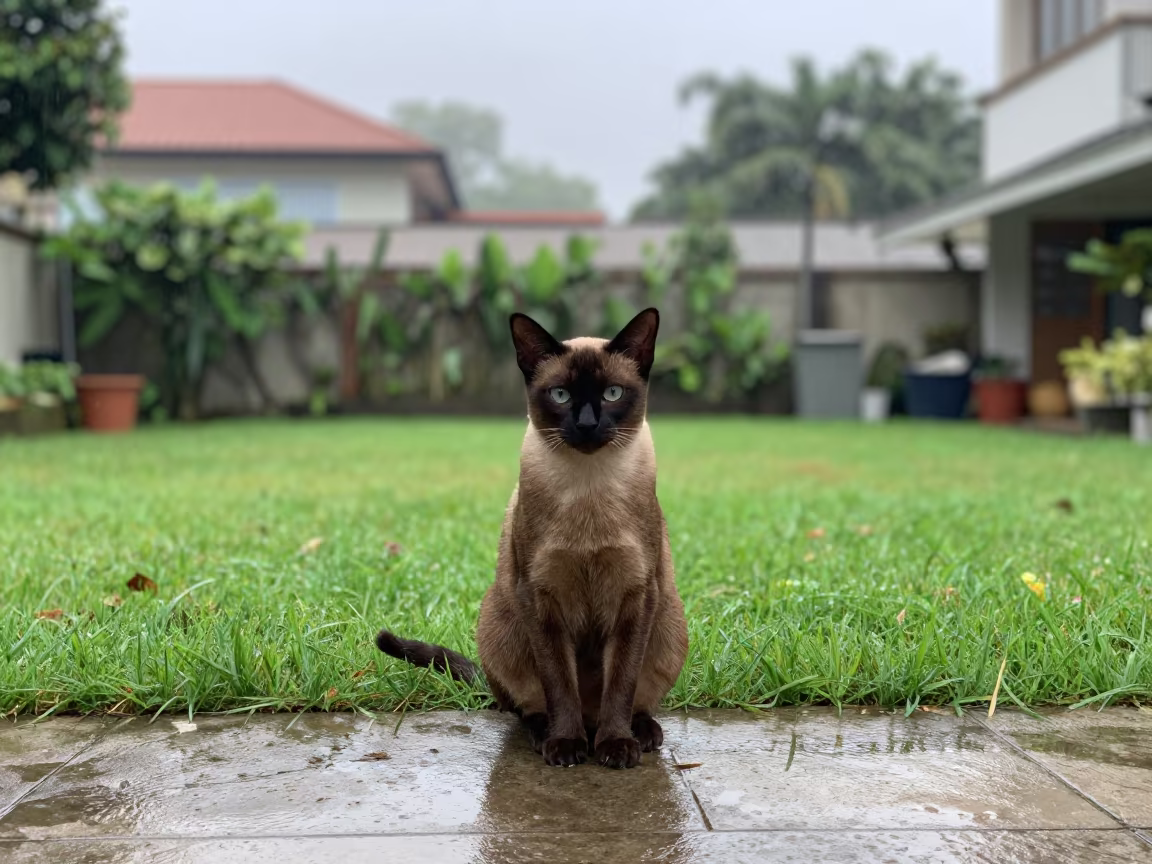 Burmese Cat in Rainy Season Garden Dawn in in a small yard with clipped grass, calm light, and the animal centered in frame in Tanah Abang, Jakarta