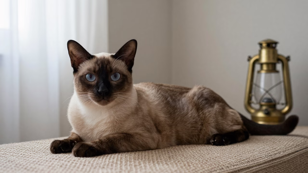 Burmese Cat Lounging on Woven Rug in on a woven rug beside a low couch and an uncluttered wall near 6th of October