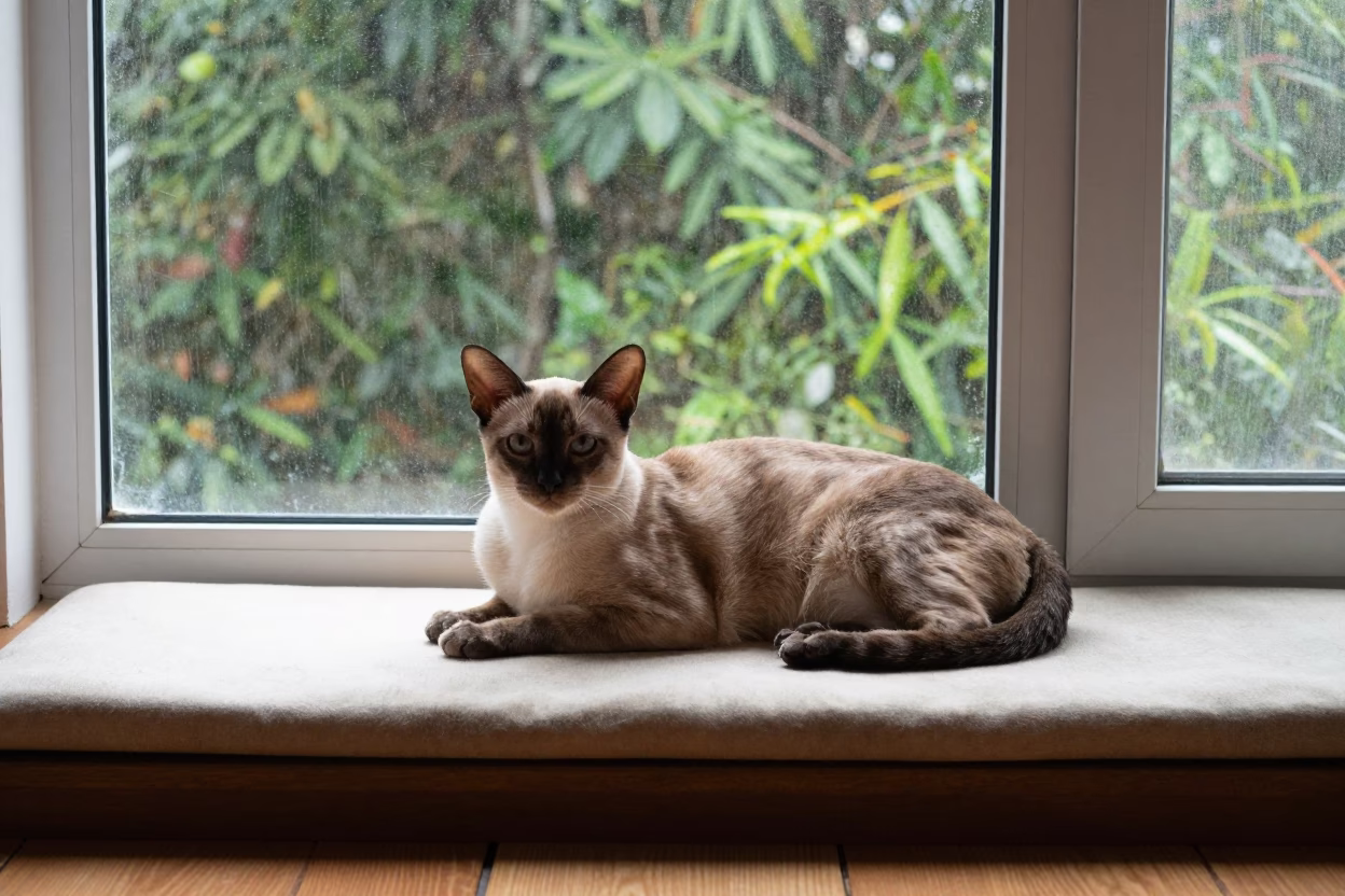 Burmese Cat on Window Seat in Hyderabad in on a cushioned window seat with soft side light and an uncluttered background near Hyderabad