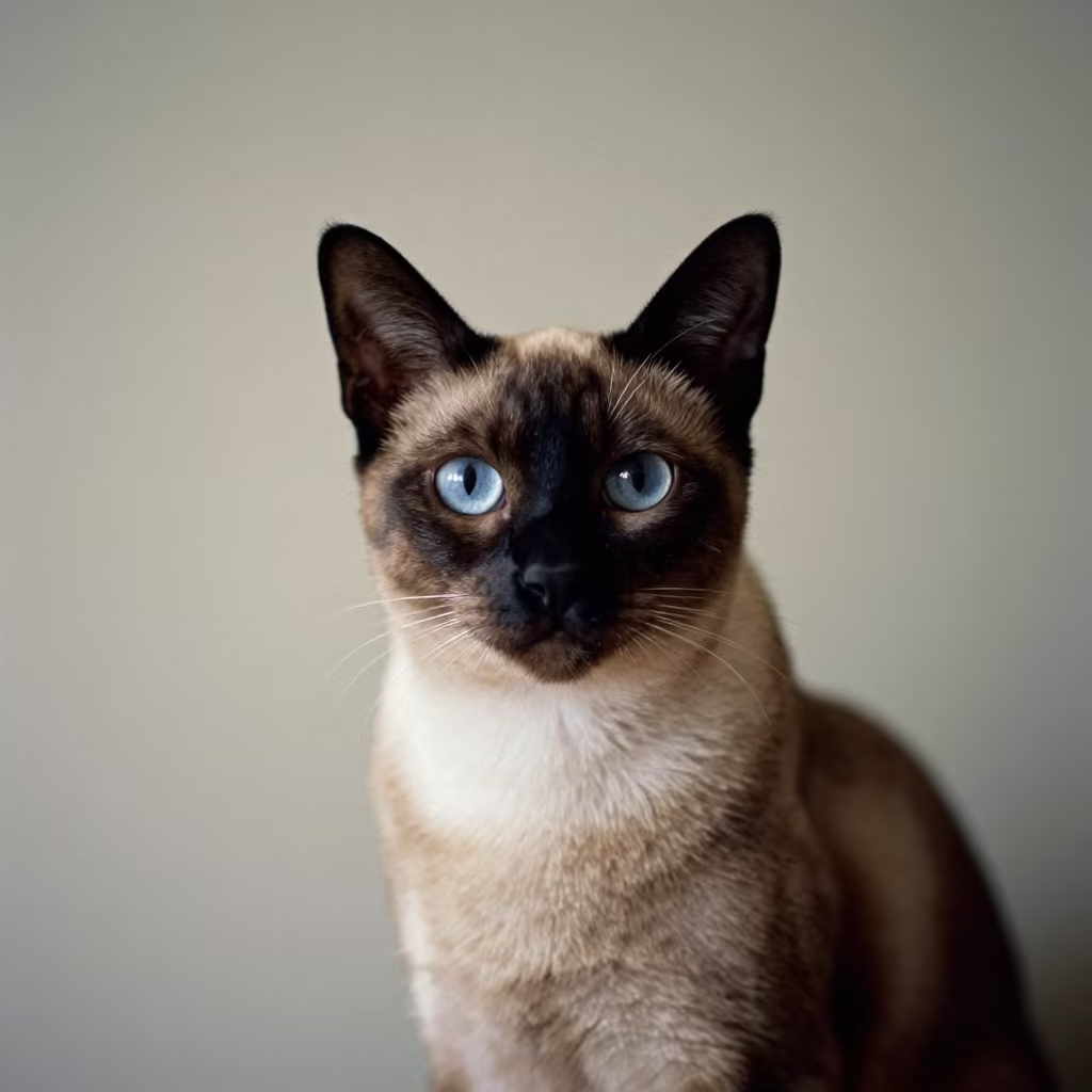 Burmese Cat Portrait Beside Plaster Wall in beside a plain plaster wall in soft indoor light with the animal centered in frame in Çerkezköy district