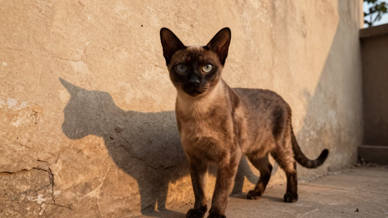 Burmese Cat Portrait in Dhaka Courtyard Light in beside a plain courtyard wall in clear daylight with the animal at eye level near Sadarghat, Dhaka