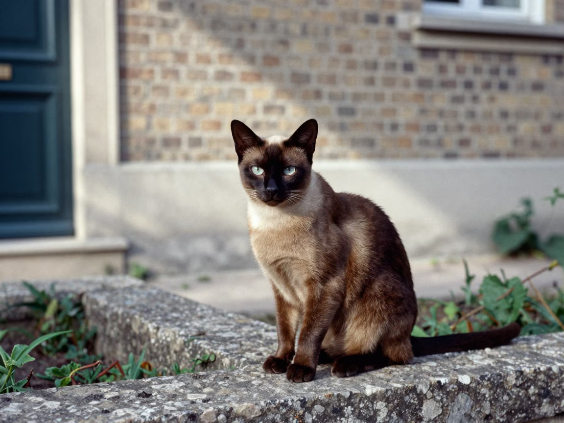 Burmese Cat Portrait in Paris Garden Morning Light in near a garden edge with soft morning light and an uncluttered background near Butte-aux-Cailles, Paris