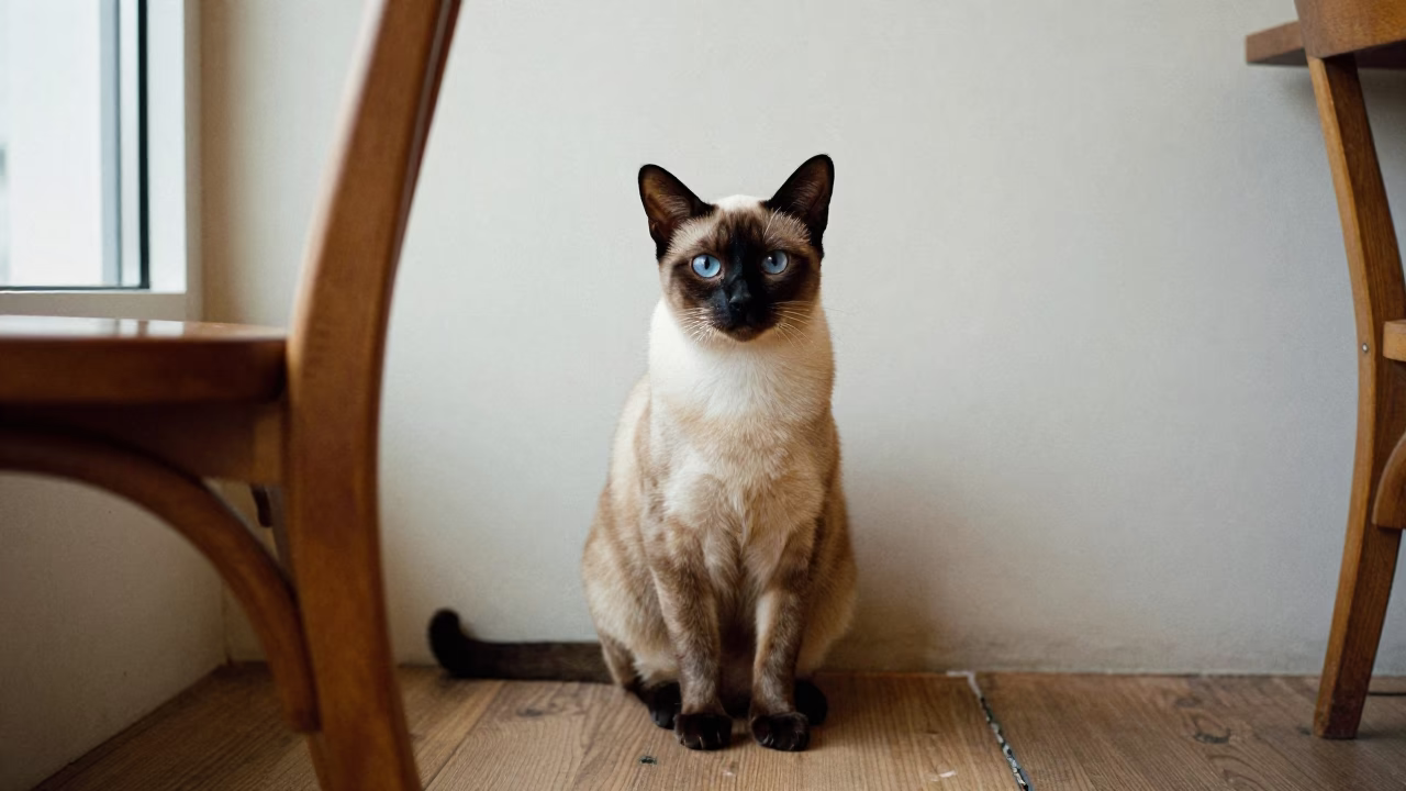 Burmese Cat Portrait in Soft Window Light in beside a plain plaster wall in soft indoor light with the animal centered in frame near Erode
