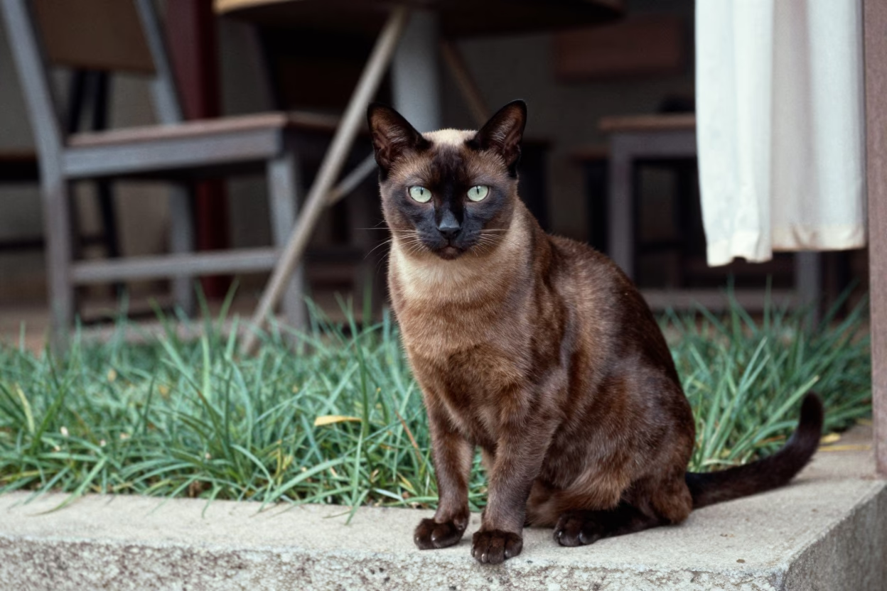 Burmese Cat Portrait in Vang Vieng Yard in in a small yard with clipped grass, calm light, and the animal centered in frame in Vang Vieng