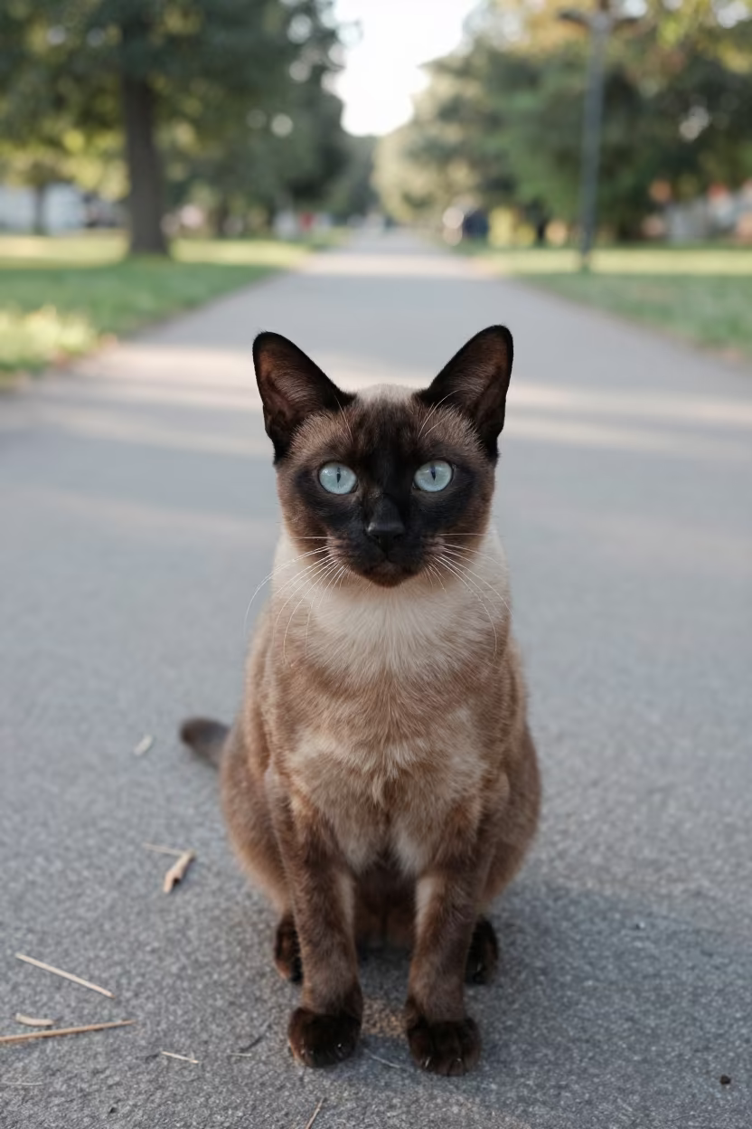 Burmese Cat Portrait on Lahti Park Path in along a quiet park path with soft open shade and a clean background in Lahti