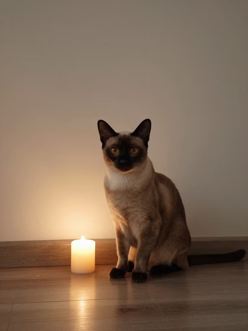 Burmese Cat Portrait Warm Candlelight Warsaw in beside a plain plaster wall in soft indoor light with the animal centered in frame near Warsaw