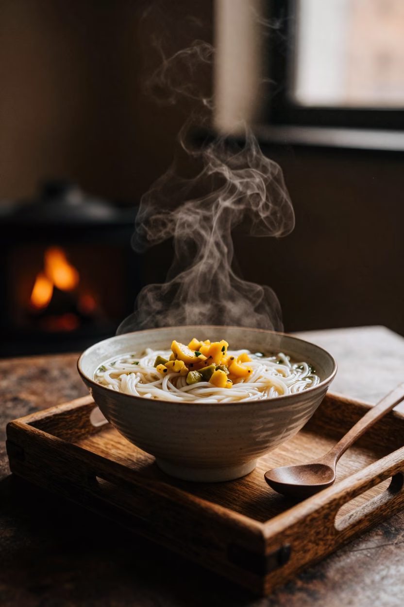 Burmese Shan Noodles with Pickled Mustard in Łódź Tea House in on a tea house tray in Łódź