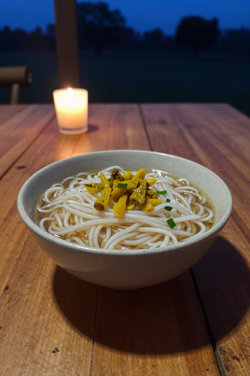 Burmese Shan Noodles with Pickled Mustard in on a rustic wooden table in Mwanza