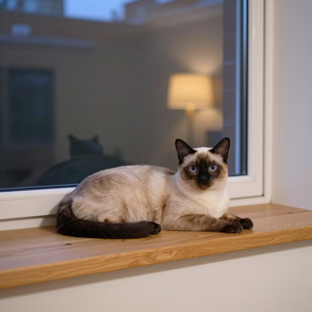 Burmilla Cat Lounging on Window Seat in on a window seat in a quiet apartment with soft side light near Liverpool