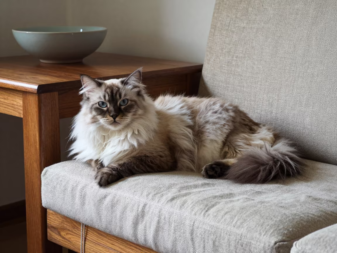 Burmilla Cat on Linen Sofa in Pokhara Morning in on a linen sofa with daylight from a nearby window in Pokhara