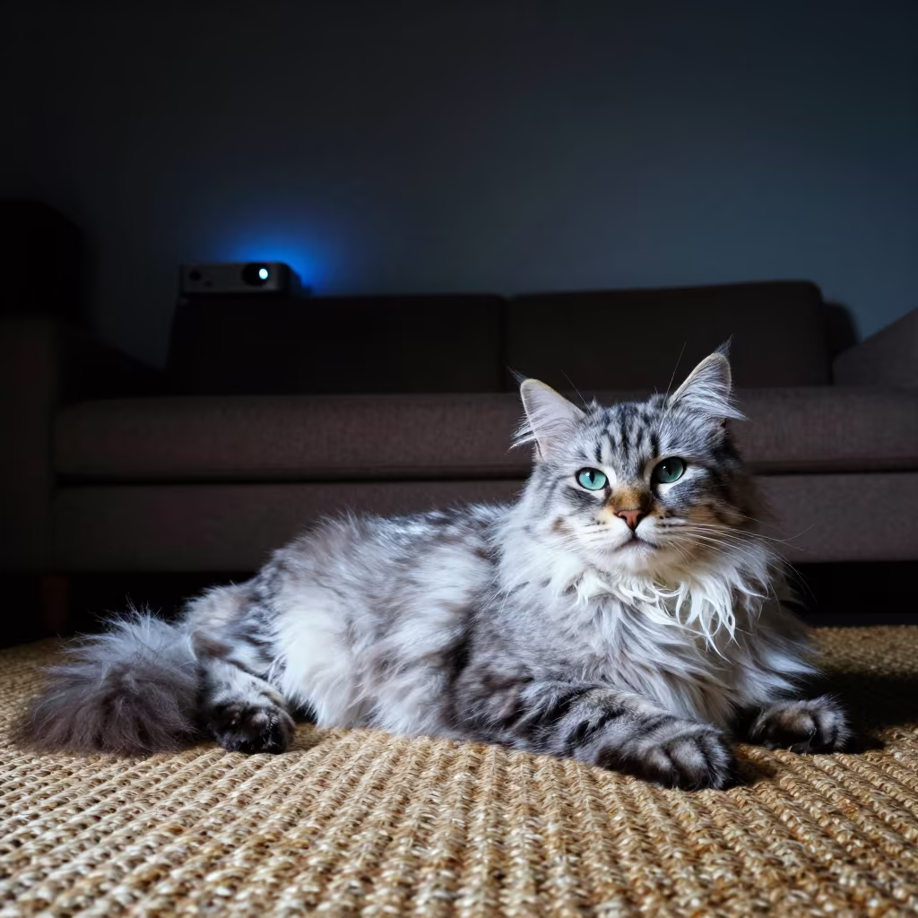 Burmilla Cat on Rug in Oaxaca Night in on a woven rug beside a low couch and an uncluttered wall near Oaxaca