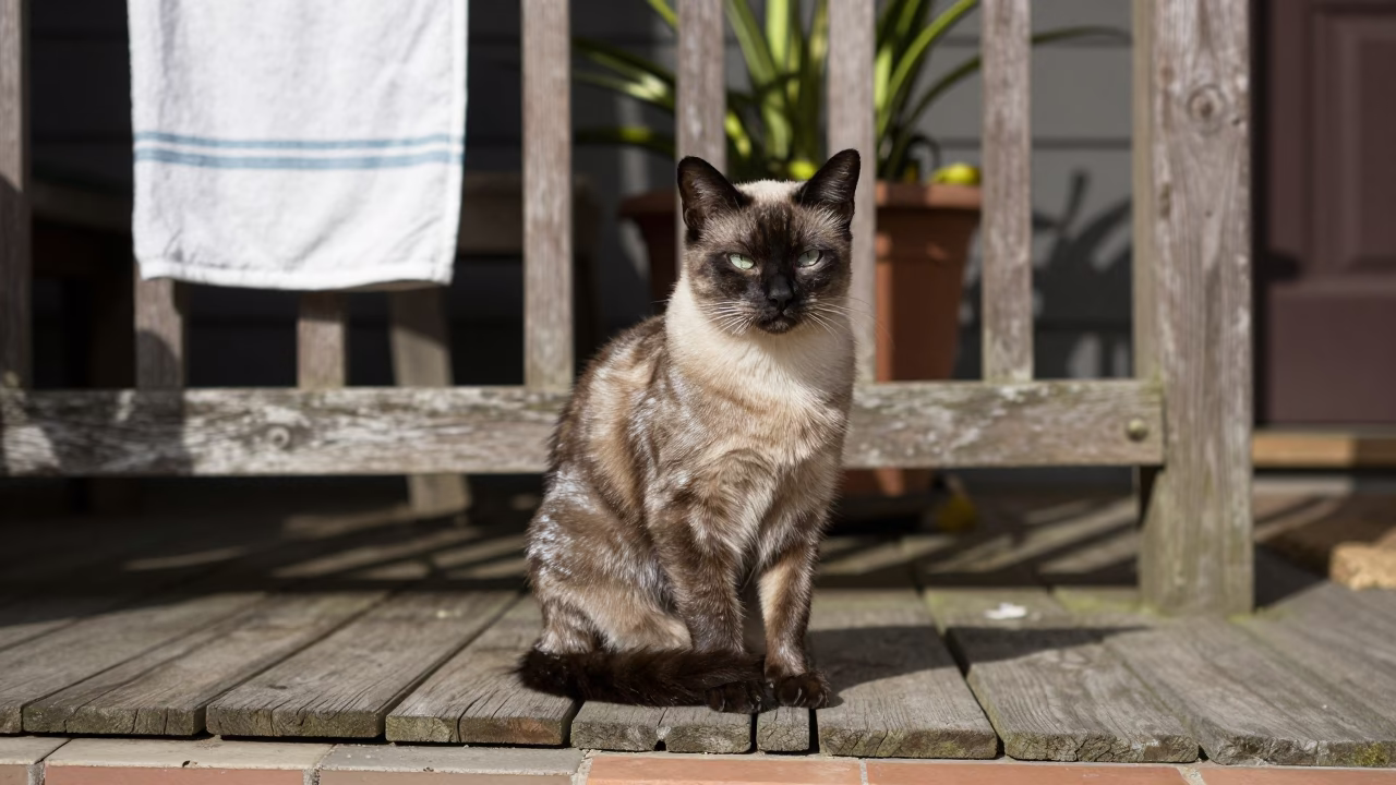 Burmilla Cat on Shaded Bristol Porch in on a shaded front porch with boards, railings, and eye-level framing in Bristol