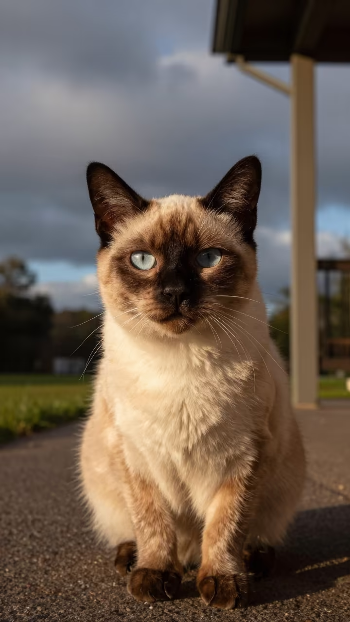 Burmilla Cat on Shaded Darwin Porch in along a quiet park path with soft open shade and a clean background near Darwin