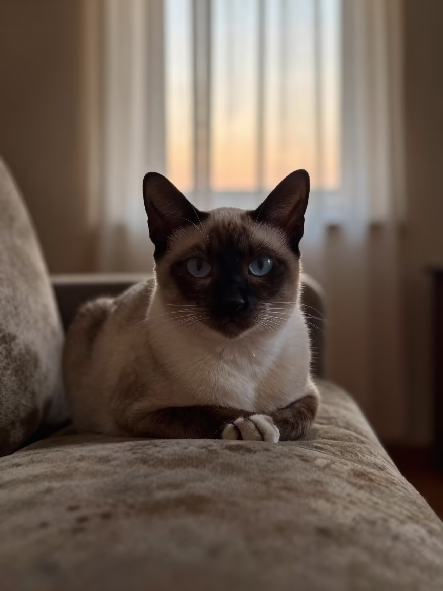 Burmilla Cat Portrait in Karbala Living Room in on a sofa near a curtained window with calm indoor light in Karbala