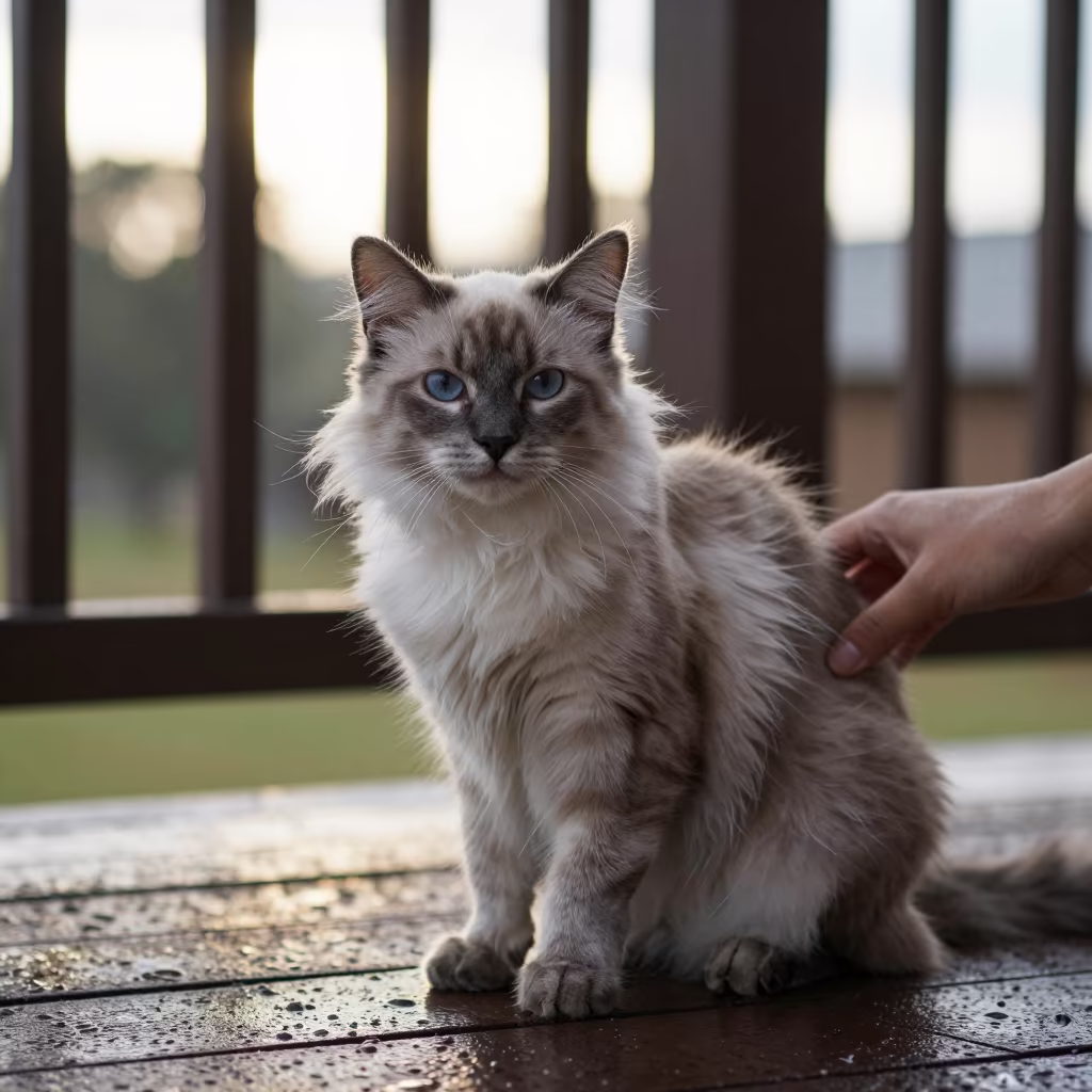 Burmilla Cat Portrait on Shaded Garoua Porch in on a shaded front porch with boards, railings, and eye-level framing in Garoua