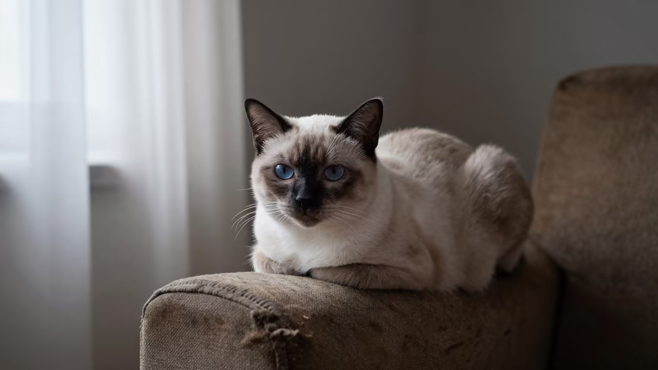 Burmilla Cat Portrait on Sofa in Bangui in on a sofa near a curtained window with calm indoor light in Bangui