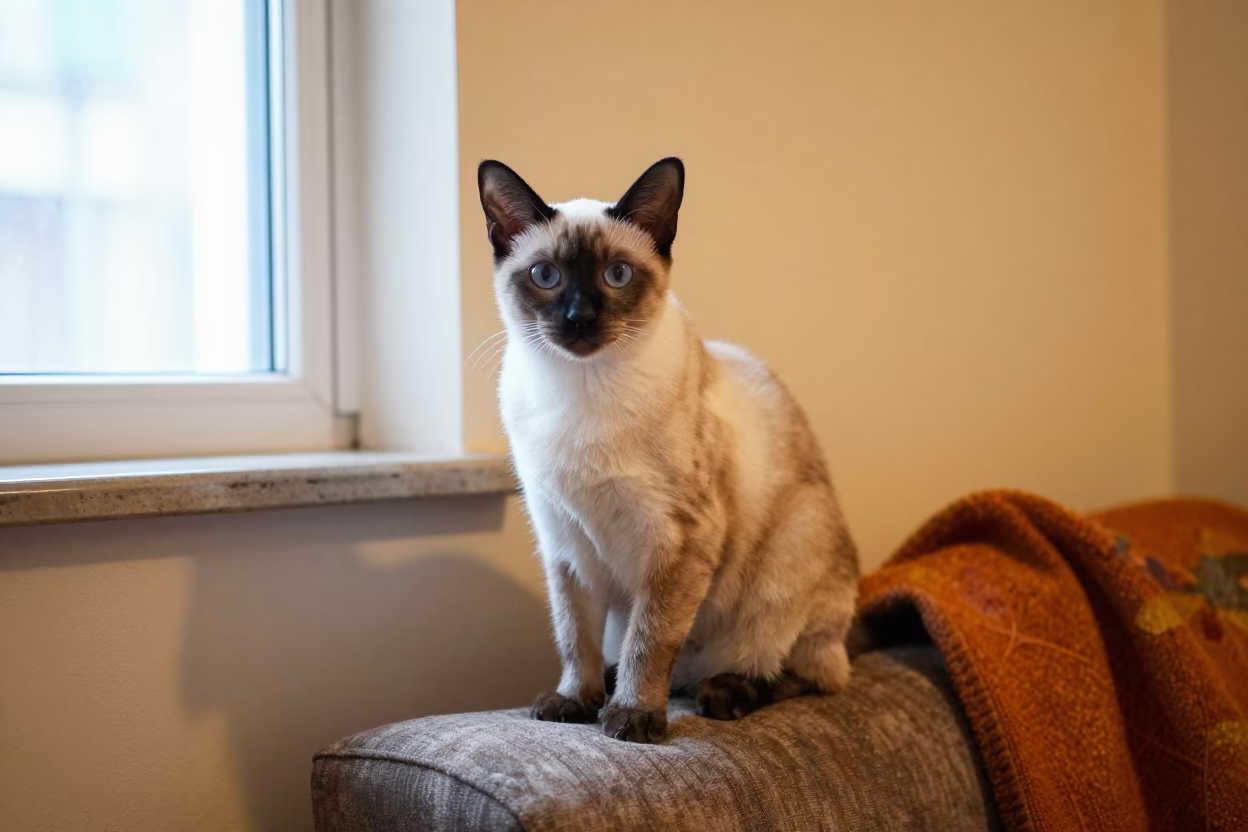 Burmilla Cat Portrait on Sofa Near Window in on a sofa near a curtained window with calm indoor light near Guilin