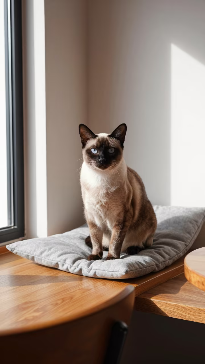 Burmilla Cat Portrait on Window Seat Delmas in on a cushioned window seat with soft side light and an uncluttered background in Delmas
