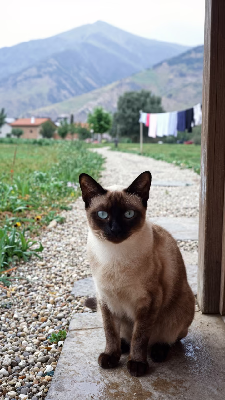 Burmilla Cat Sitting on Shaded Porch in Malatya in along a quiet park path with soft open shade and a clean background in Malatya