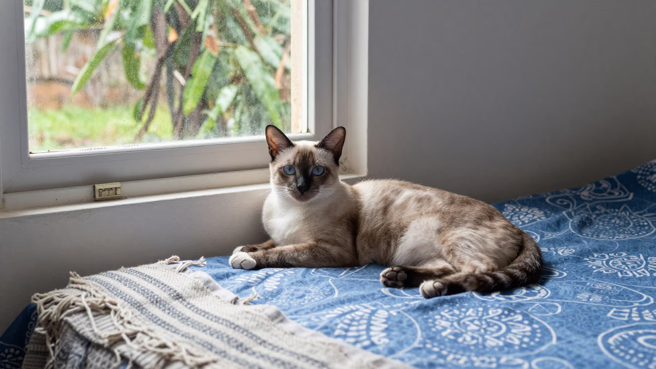 Burmilla Cat With Clear Coat Texture on Bedspread in on a bedspread near a bright window with calm indoor light in Lichinga