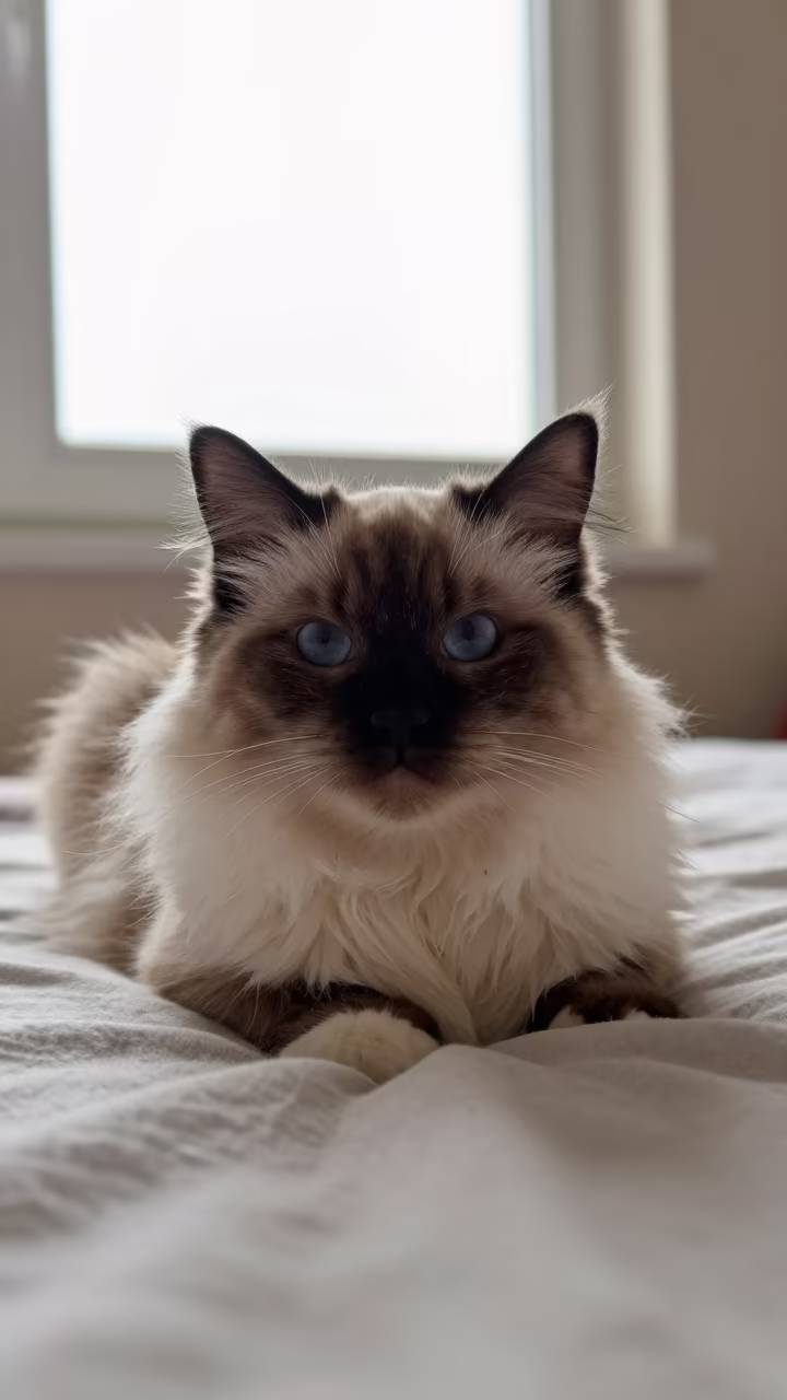 Burmilla Longhair Cat Lounging Near Window in on a bedspread near a bright window with calm indoor light in Sharm el-Sheikh