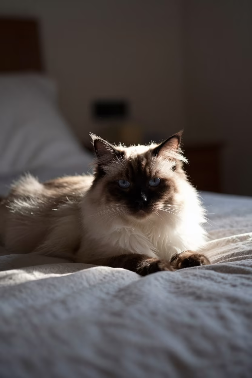 Burmilla Longhair Cat Lounging on Bedspread Near Window in on a bedspread near a bright window with calm indoor light in Suzhou